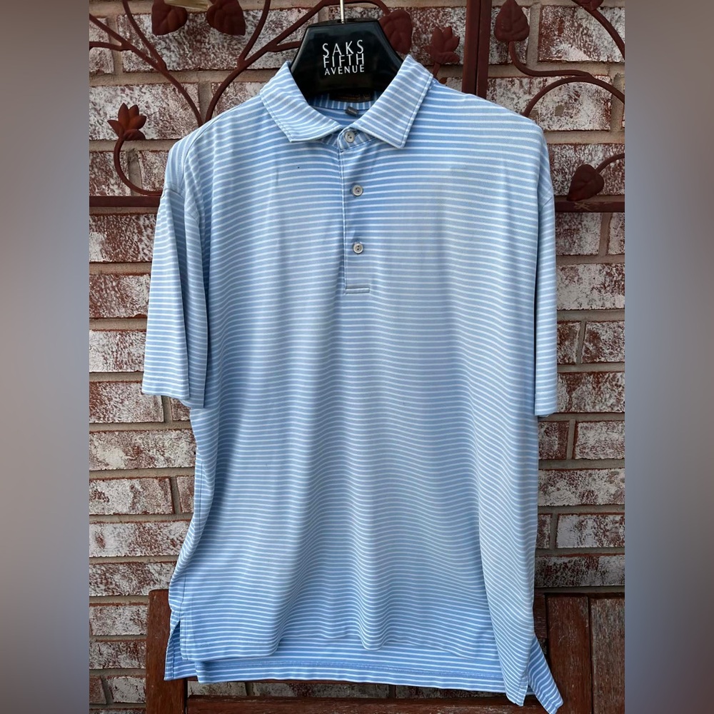 Peter Millar Shirt Men’s Light Blue Striped Polo Summer Comfort Golf Size L.